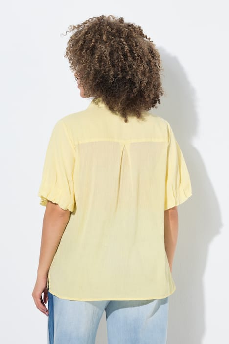 Blouse, crêpe-look, overhemdkraag, korte ballonmouwen