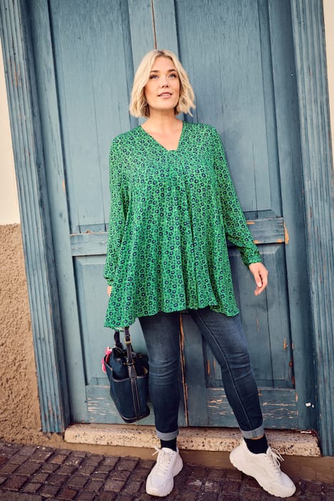 Blouse à fleurs, coupe évasée, décolleté carré et manches longues