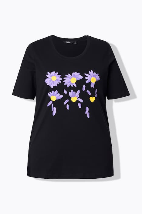 T-shirt classica con fiori, scollo a girocollo e mezze maniche