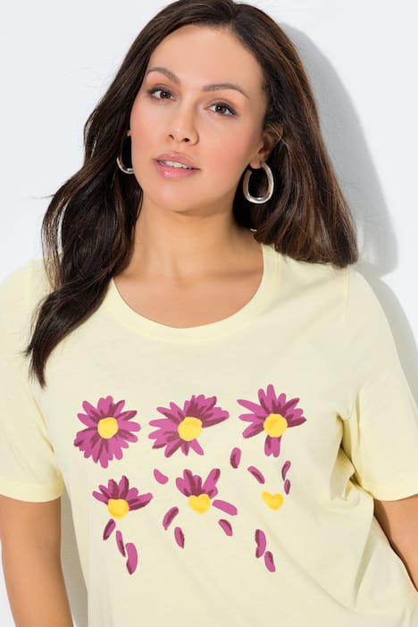 T-shirt classica con fiori, scollo a girocollo e mezze maniche