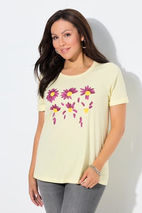 T-shirt classica con fiori, scollo a girocollo e mezze maniche