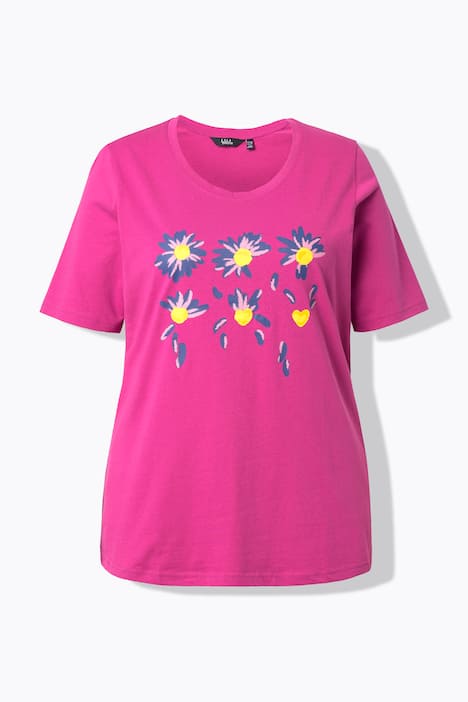 T-shirt classica con fiori, scollo a girocollo e mezze maniche
