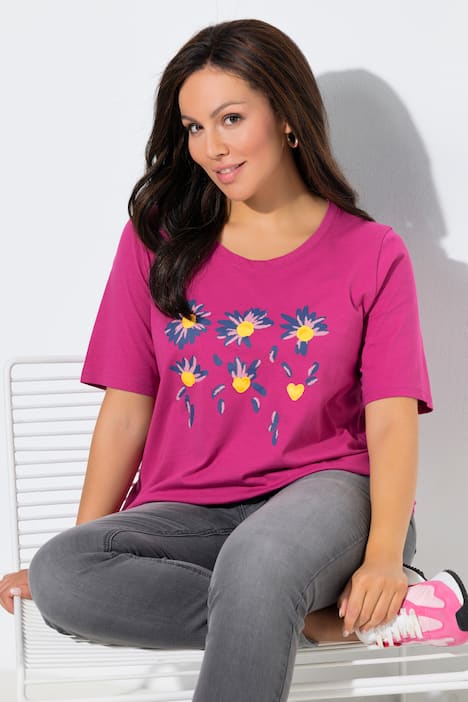 T-shirt classica con fiori, scollo a girocollo e mezze maniche