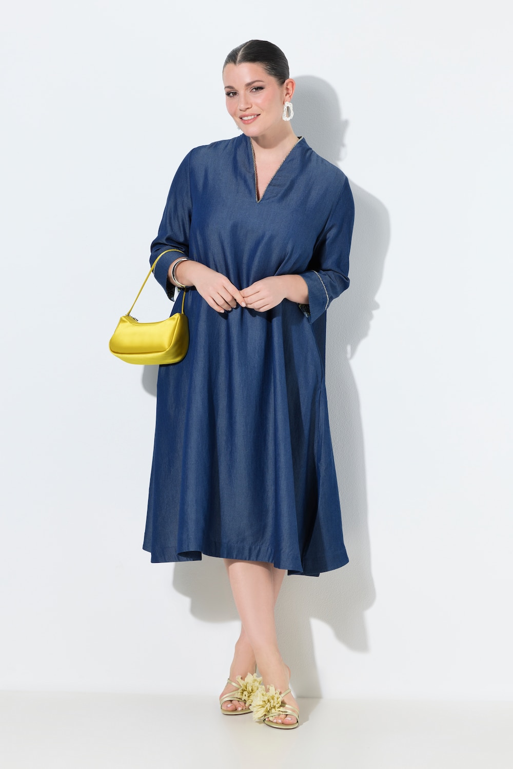 Lyocell jurk, denimlook, gobletkraag, 3/4-mouwen, zakken