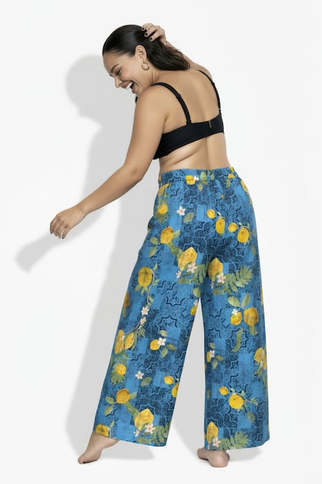Pantalon palazzo, motif citrons, jambe large et taille élastique