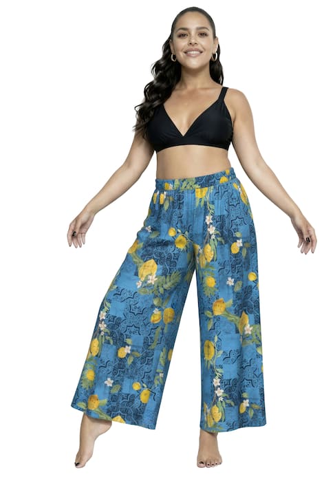 Kalhoty palazzo, citrony, široké nohavice, elastický pas