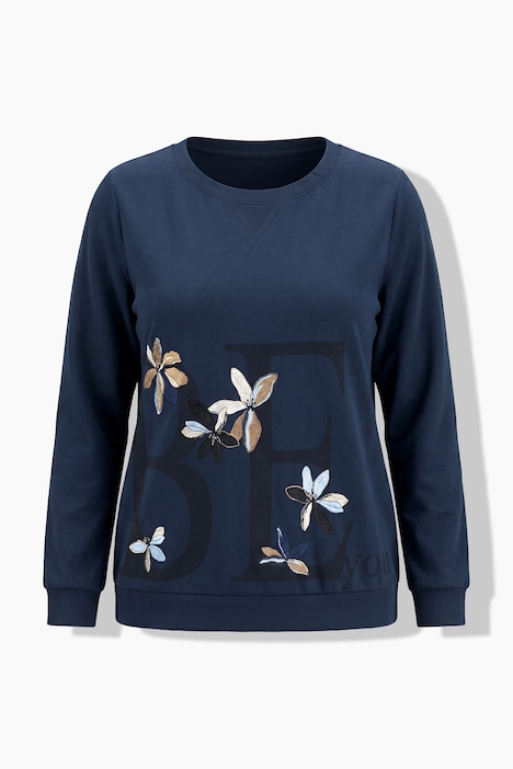 Sweatshirt, bloemenborduursel, ronde hals, korte mouw