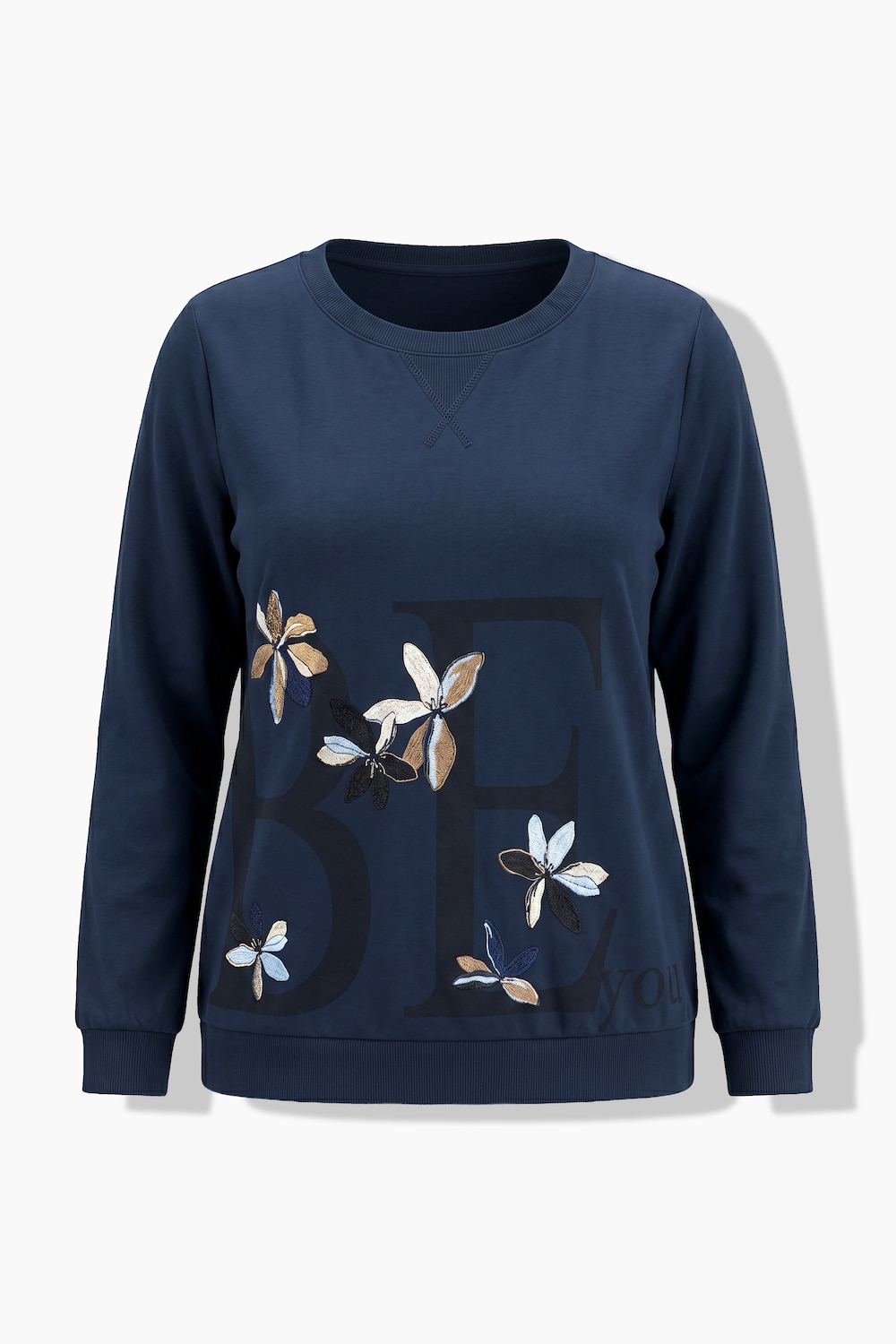 Stora storlekar Mjukiströja med blombroderi, Dam, blå, storlek: 58/60, Polyester/Bomull, Ulla Popken