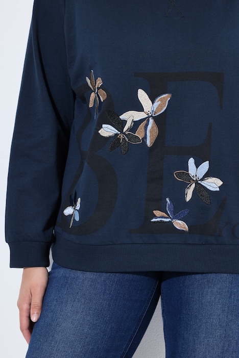 Sweatshirt, bloemenborduursel, ronde hals, korte mouw