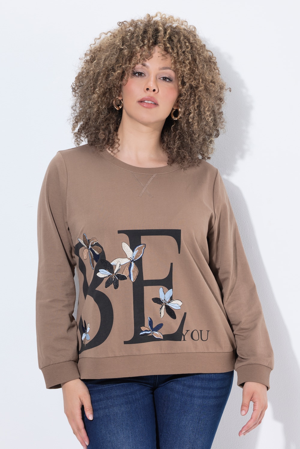 Sweatshirt, bloemenborduursel, ronde hals, korte mouw