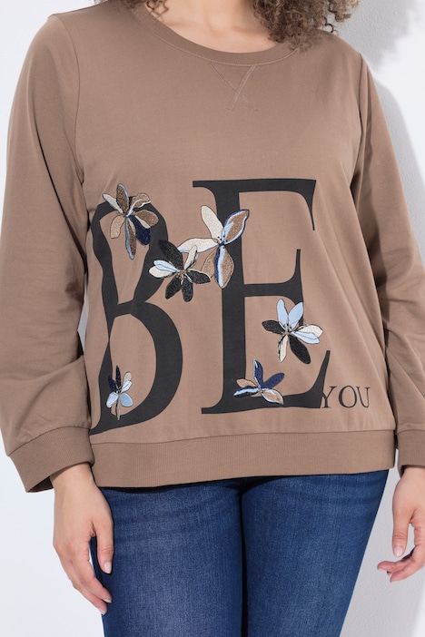 Sweatshirt, bloemenborduursel, ronde hals, korte mouw