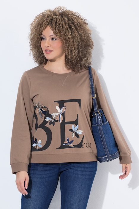 Sweatshirt, bloemenborduursel, ronde hals, korte mouw