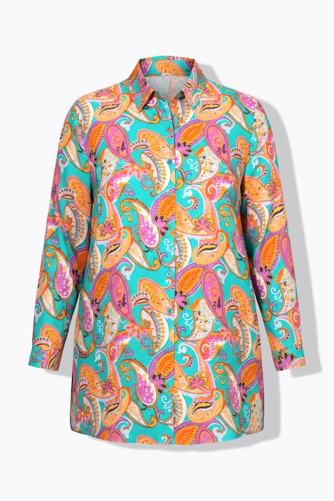 Długa bluzka, wzór paisley, kołnierz koszulowy, długi rękaw