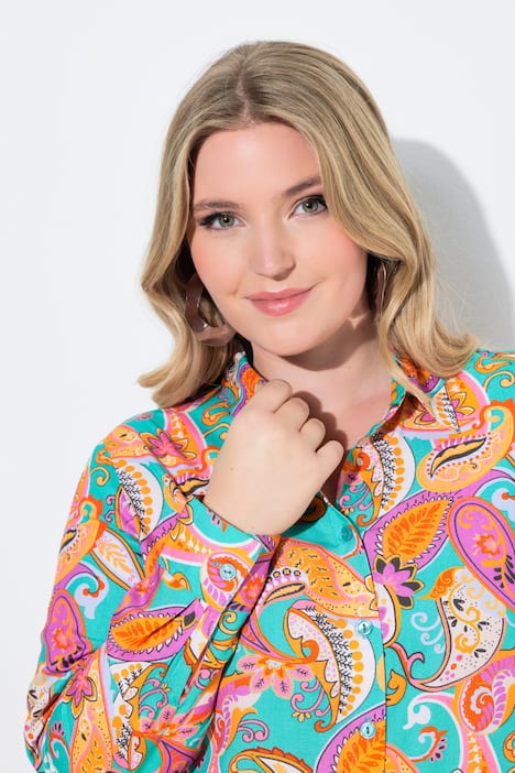 Długa bluzka, wzór paisley, kołnierz koszulowy, długi rękaw