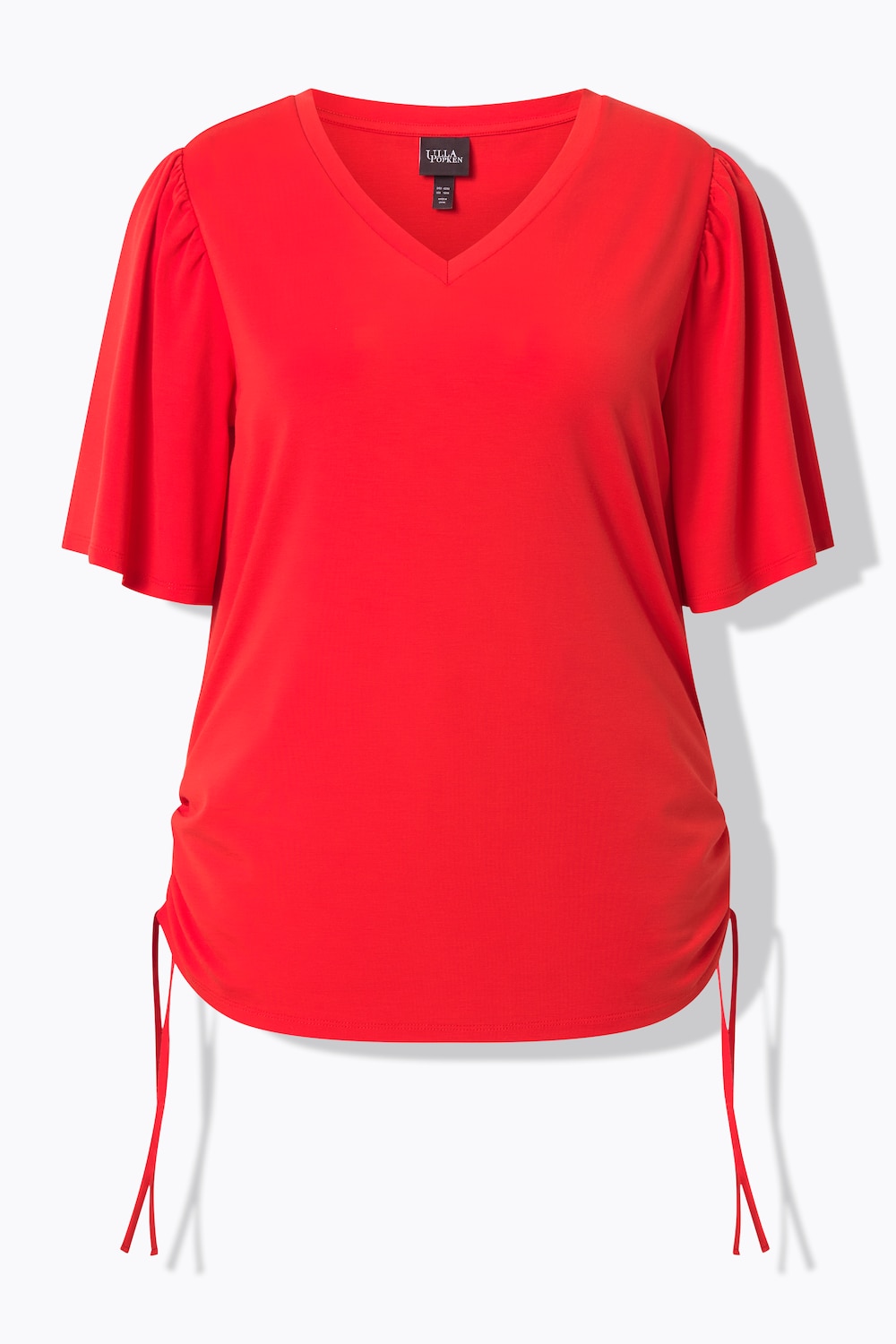 Stora storlekar T-shirt med rynkband i sidan med v-ringning och kort fjärilsärm, Dam, röd, storlek: 58/60, Viskos/Syntetfibrer, Ulla Popken