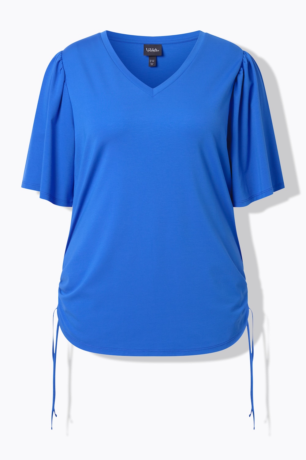 Stora storlekar T-shirt med rynkband i sidan med v-ringning och kort fjärilsärm, Dam, blå, storlek: 50/52, Viskos/Syntetfibrer, Ulla Popken