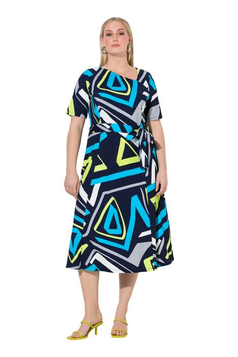 Midi šaty, grafický potisk, V výstřih, polo rukávy