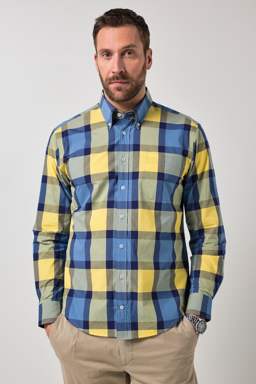 rutet skjorte, lange ermer, buttondown-krage, moderne passform, opptil 8 XL