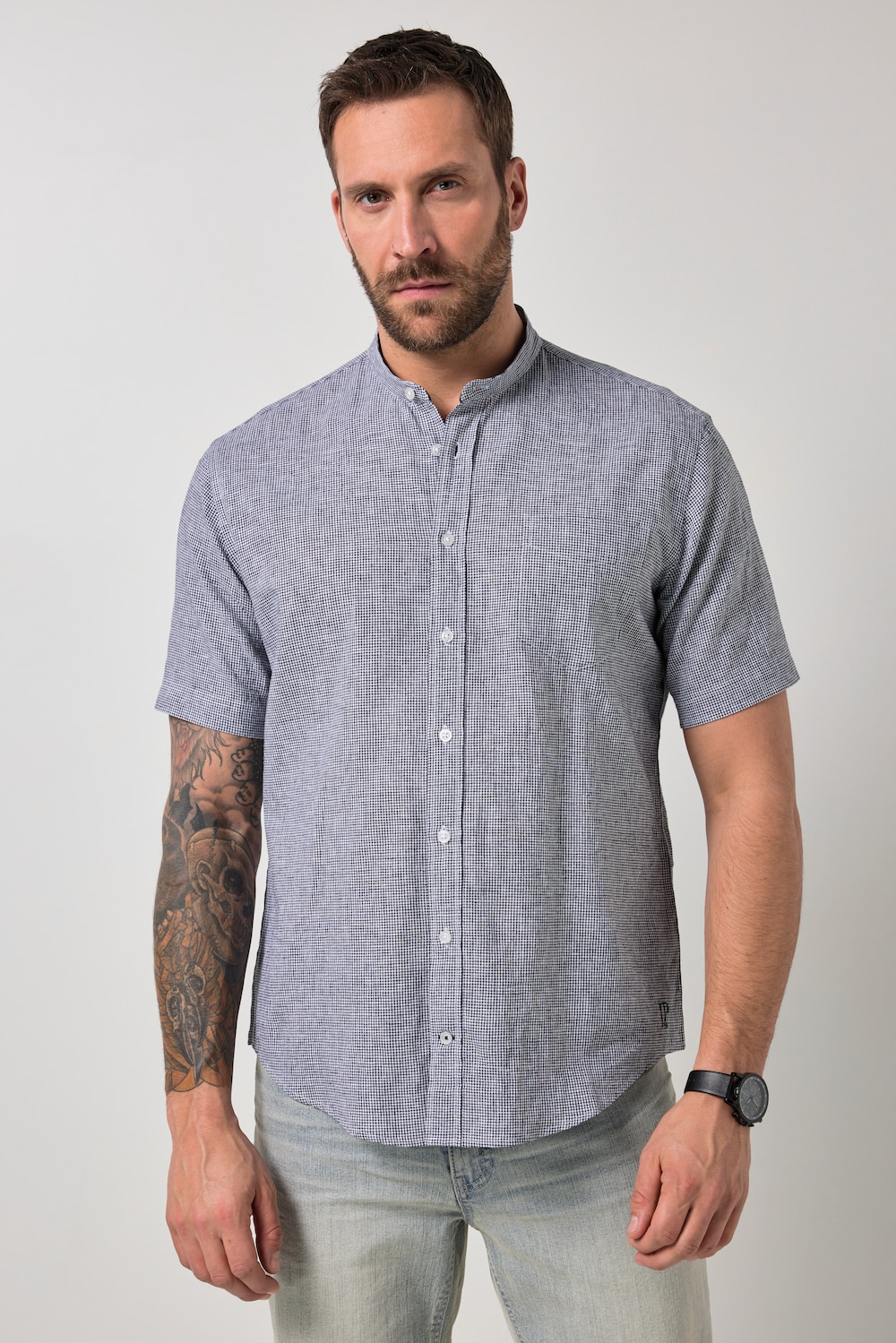 Leinenmix-Karohemd, Halbarm, Stehkragen, Modern Fit, bis 8 XL