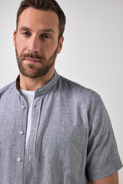 Leinenmix-Karohemd, Halbarm, Stehkragen, Modern Fit, bis 8 XL