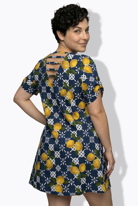 Strandkleid, Zitronen, A-Linie, V-Ausschnitt, Halbarm