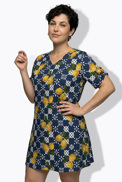 Strandkleid, Zitronen, A-Linie, V-Ausschnitt, Halbarm