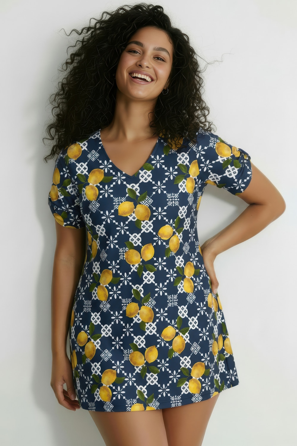 Strandkleid, Zitronen, A-Linie, V-Ausschnitt, Halbarm