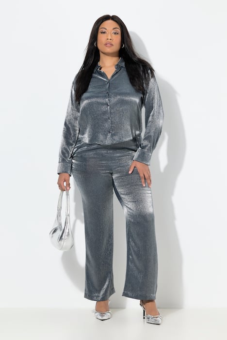 Pantalon rose, reflets métalliques, jambe large et taille confortable