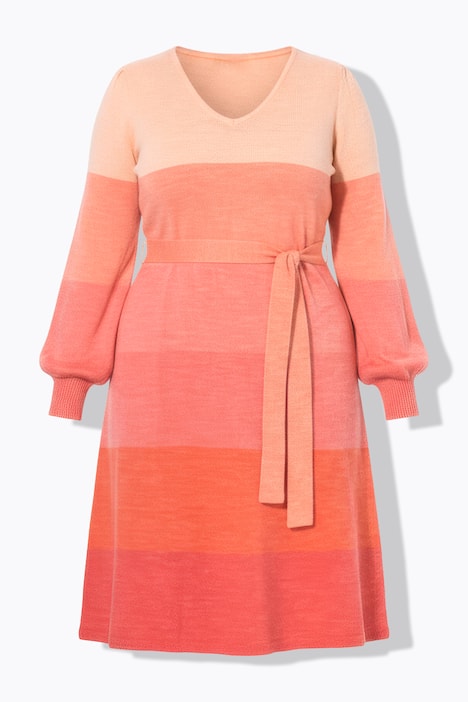 Strick-Midikleid, Farbverlauf, Taillengürtel, Ballonärmel
