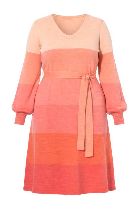 Úpletové midi šaty, barevný přechod, vázací pásek, balónové rukávy