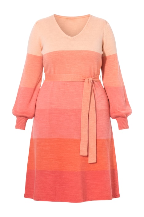 Úpletové midi šaty, barevný přechod, vázací pásek, balónové rukávy
