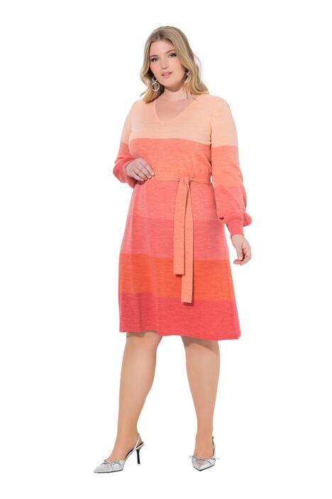 Úpletové midi šaty, barevný přechod, vázací pásek, balónové rukávy