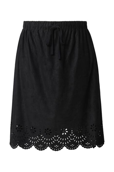 Midi sukně, široký A střih, semiš, děrovaná výšivka