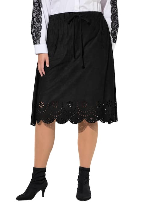 Midi sukně, široký A střih, semiš, děrovaná výšivka