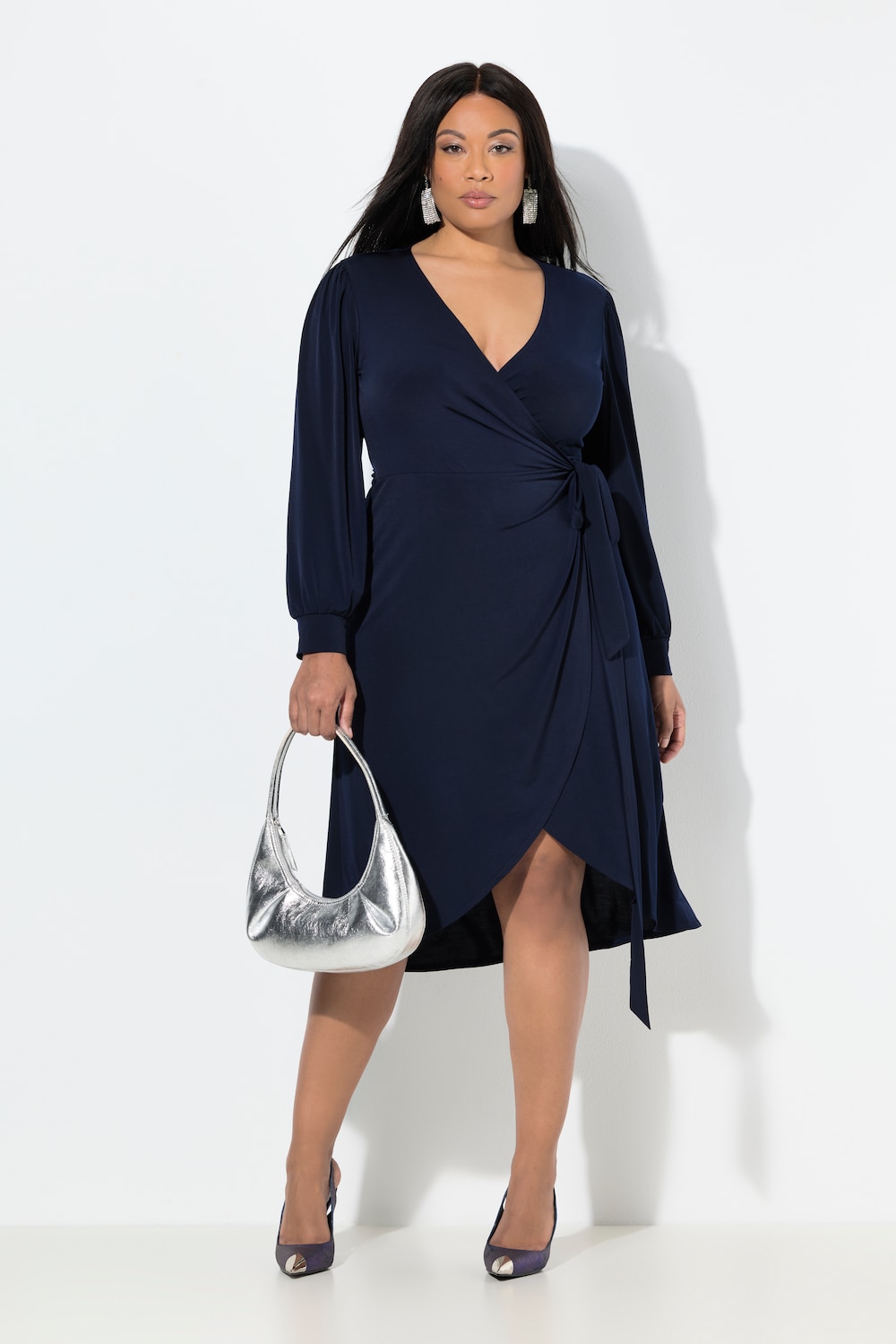 Midi-Wickelkleid, Bindegürtel, V-Ausschnitt, Ballon-Langarm