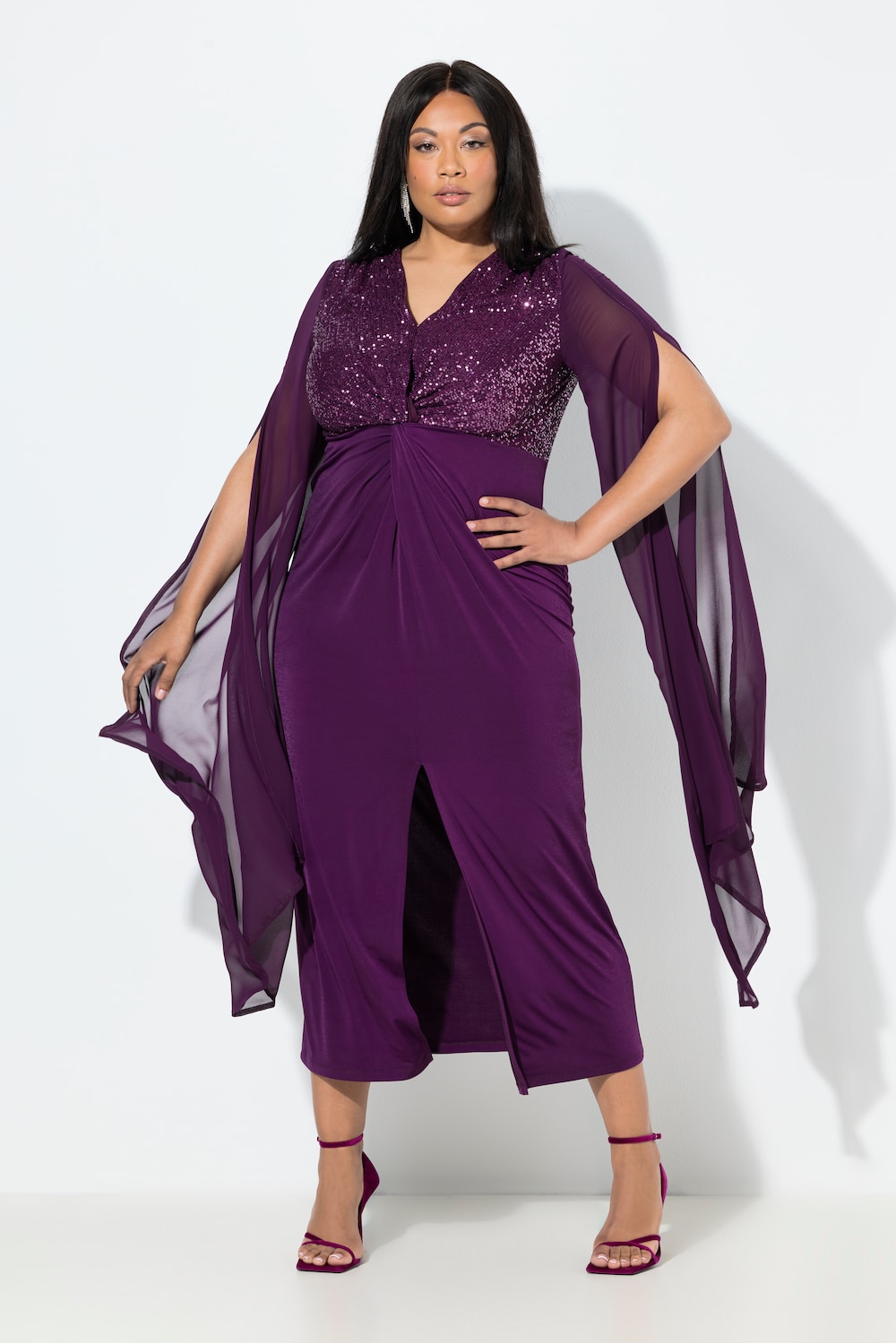 Chiffon-Maxikleid, Pailletten, V-Ausschnitt, Langarm