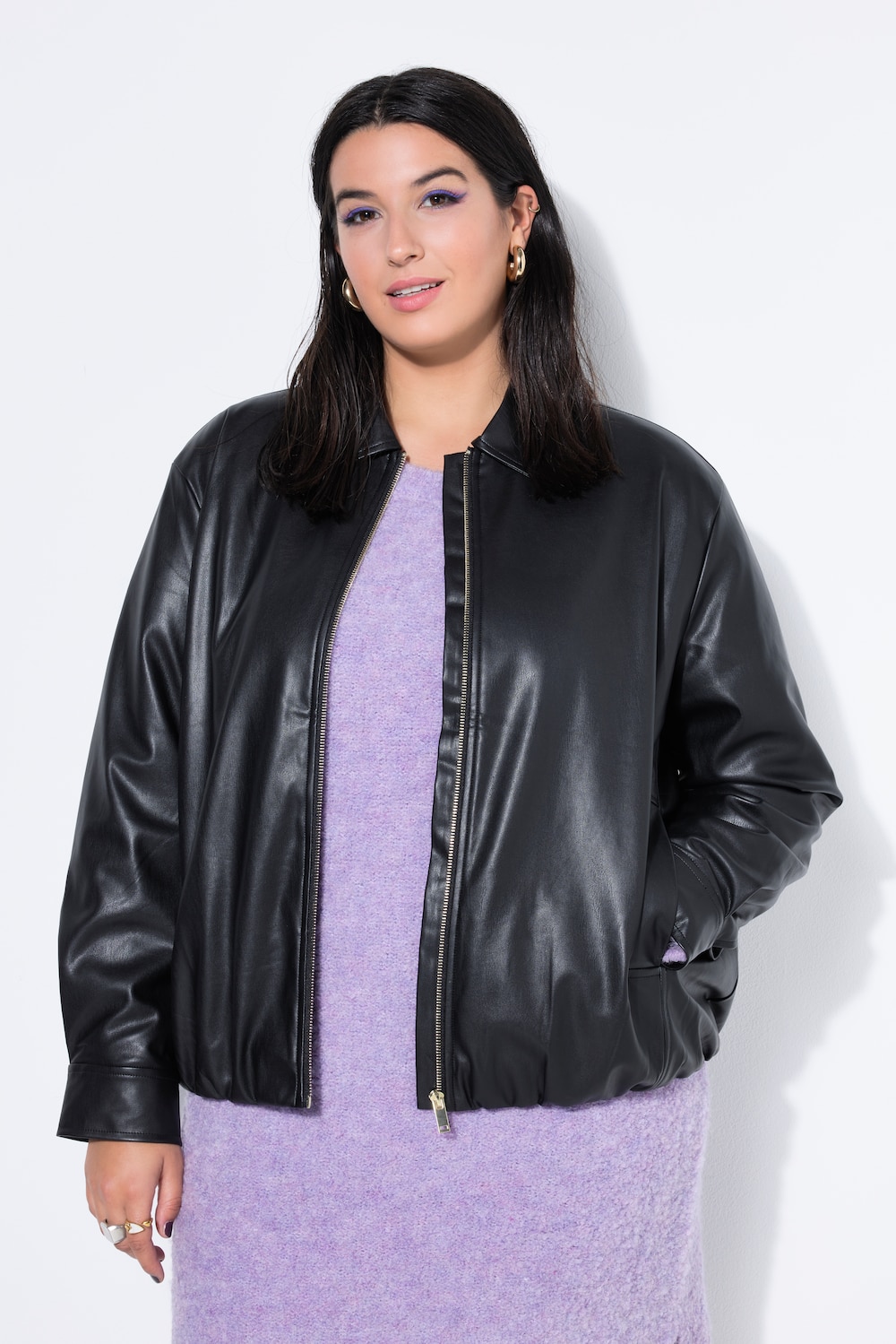 Große Größen Lederoptik-Blouson, Damen, schwarz, Größe: 42/44, Polyester/Synthetische Fasern, Studio Untold