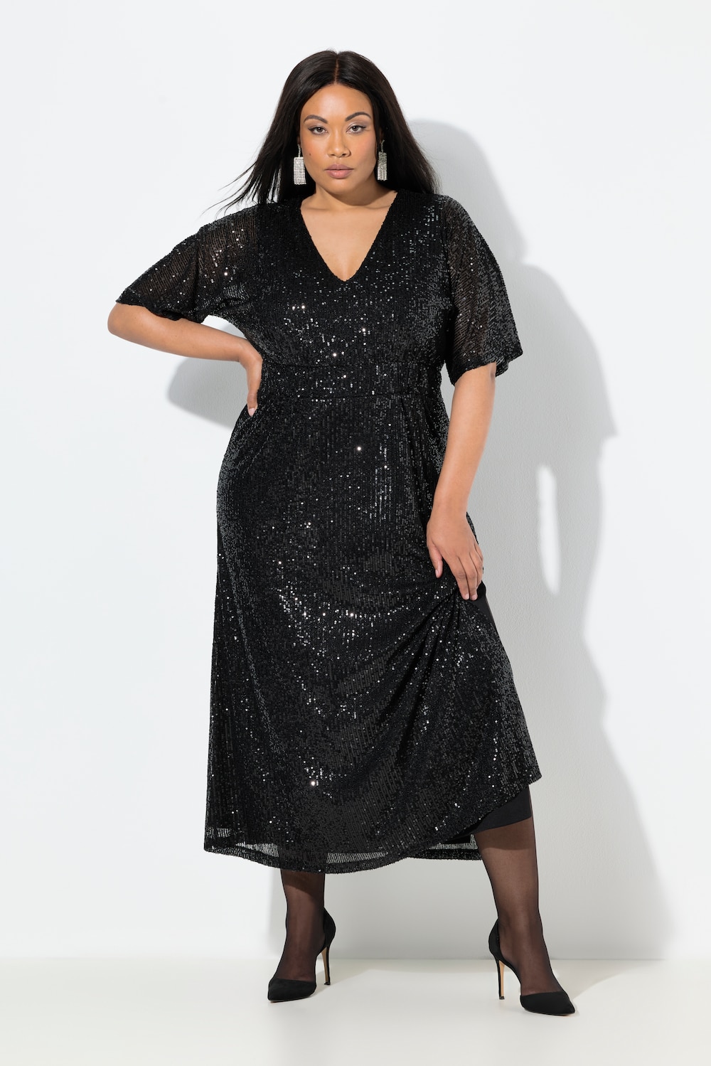 Maxikleid, A-Linie, Pailletten, V-Ausschnitt, Halbarm