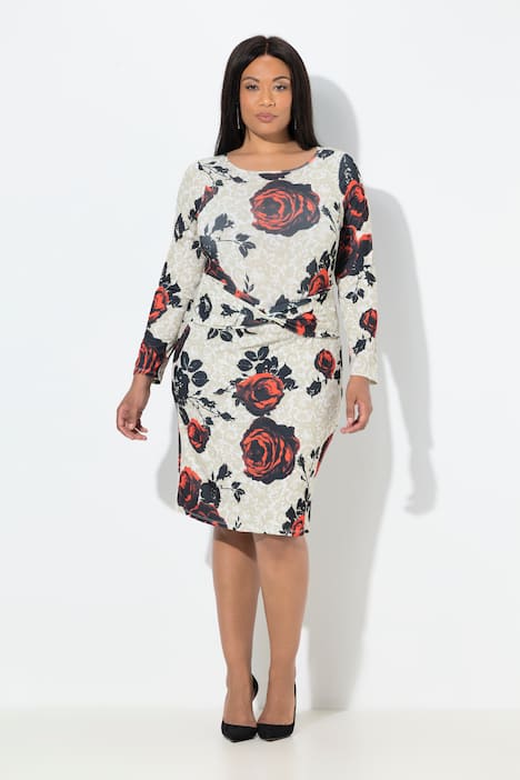 Midikleid, Rosen, Slim, Rücken-V-Ausschnitt, Langarm