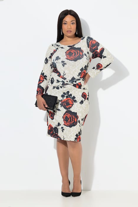 Midikleid, Rosen, Slim, Rücken-V-Ausschnitt, Langarm