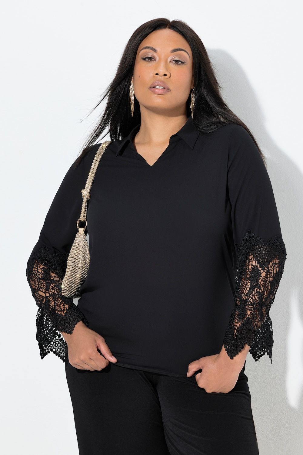 Bluse, Spitze, Hemdkragen, V-Ausschnitt, Langarm, Krepp