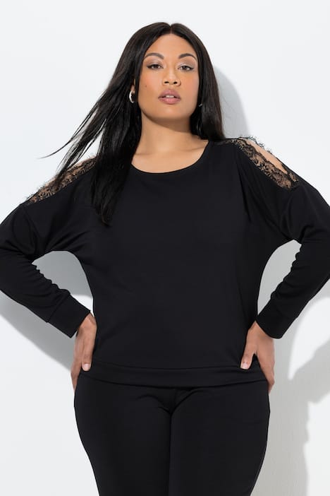 Sudadera, pieza de encaje, cuello redondo, manga larga