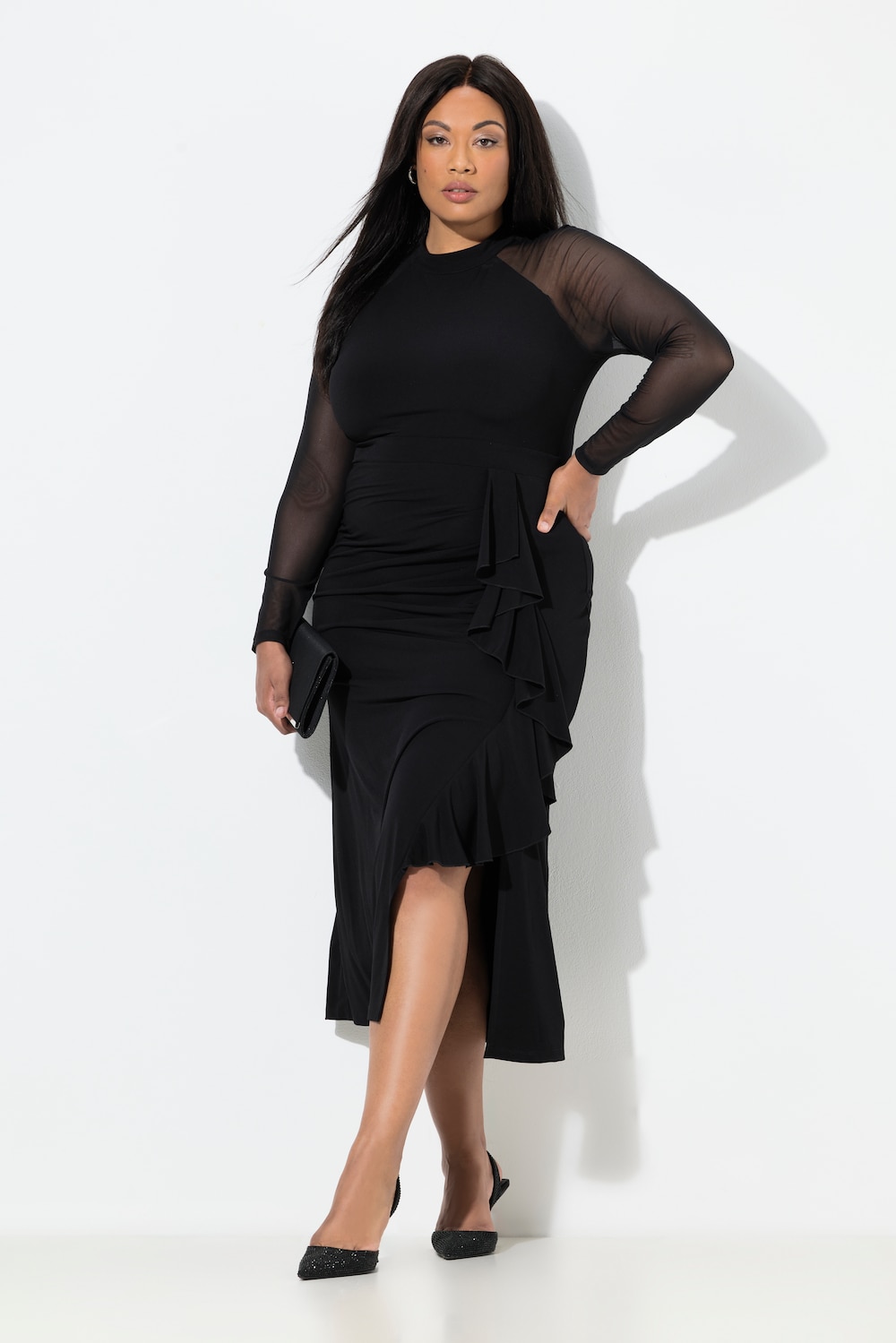 Maxikleid, drapiert, Stehkragen, Raglan-Langarm