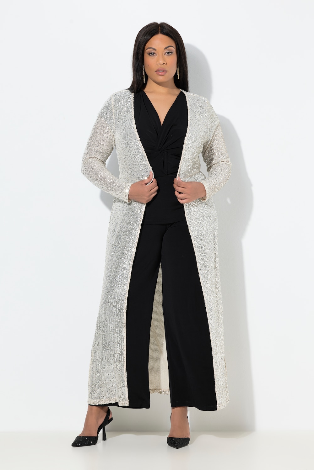 Longjacke, Pailletten, V-Ausschnitt, Langarm