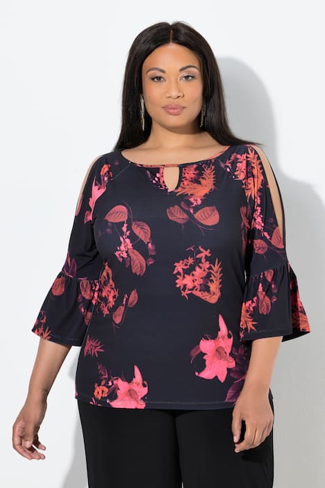 Shirt, bloemen, ronde hals, keyhole, 3/4-volantmouwen