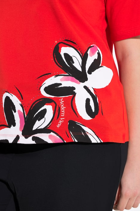T-Shirt, Blüten, Ziersteine, Rundhals, Halbarm