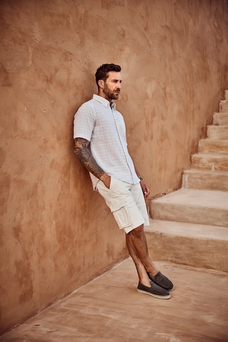 geruit overhemd van linnenmix, korte mouwen, verborgen buttondown kraag, Modern Fit, tot 8XL