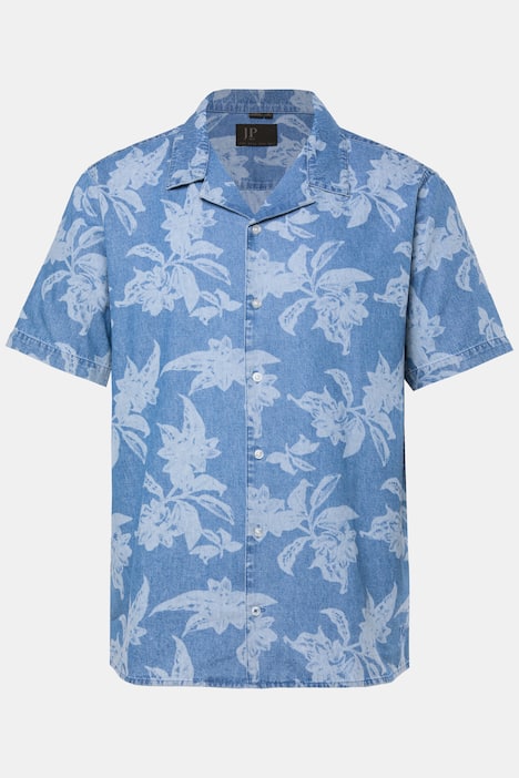 JP 1880 Denimoptik-Hemd, Halbarm, Cuba-Kragen, floraler Alloverprint, Cuba Fit, bis 8 XL