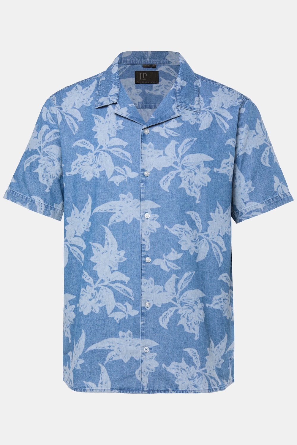 Chemise JP 1880 aspect denim, manches courtes et col cubain, imprimé intégral à fleurs, coupe Cuba Fit - jusqu'au 8 XL