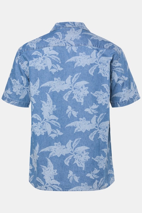 JP 1880 Denimoptik-Hemd, Halbarm, Cuba-Kragen, floraler Alloverprint, Cuba Fit, bis 8 XL